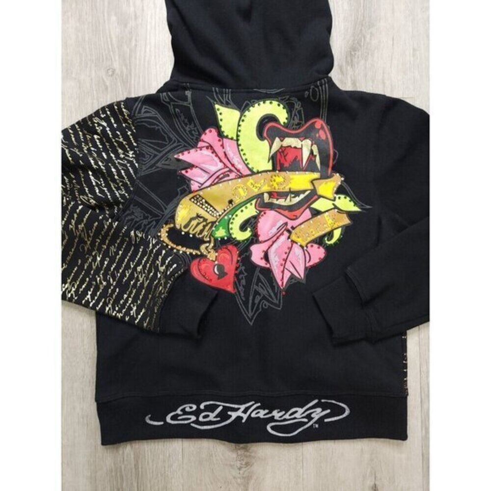 Vintage Ed Hardy Christian Audigier Y2K Studded Zip‎ Hoodie Jacket Womens S/M ?? - Picture 3 of 11